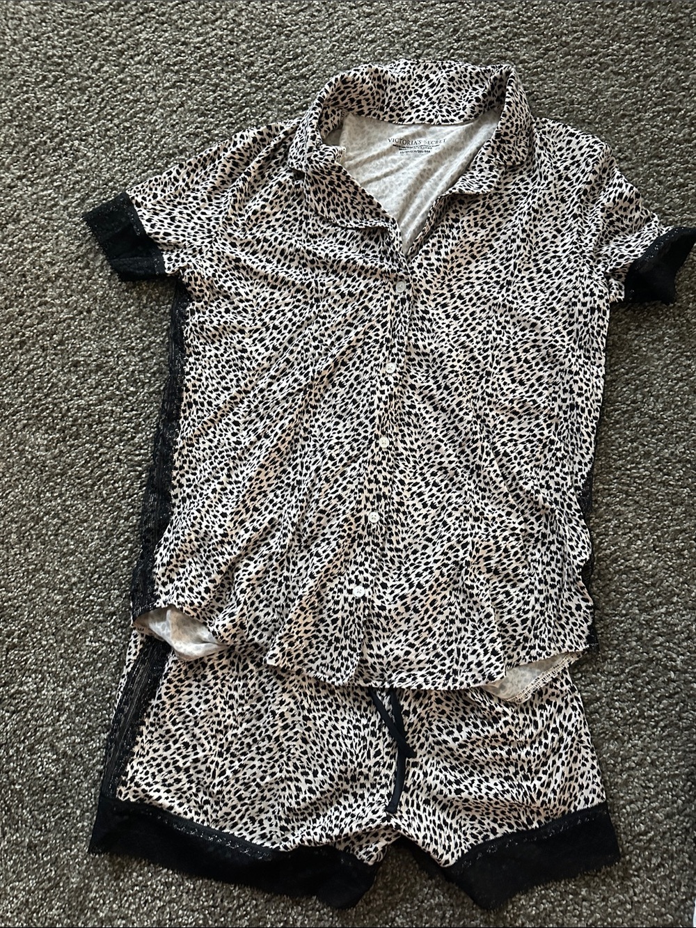 Victoria's Secret Black & Cream Leopard Lace-Trim Short Pajama Set